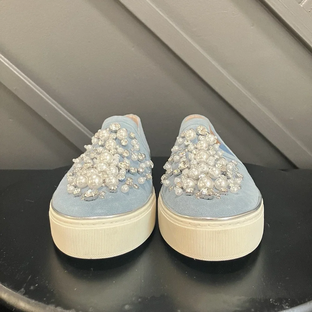 Stuart Weitzman Womens Sz 8.5 Blue Suede Pearl Rhinestone Embellished Slip On